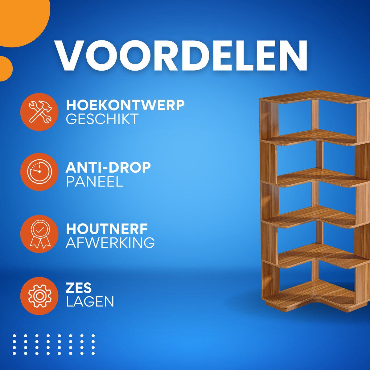 Hoekkast Dali - 6 lagen - Boekenrek - Boekenkast voor woonkamer of slaapkamer - Opbergrek - Hout - 165cm