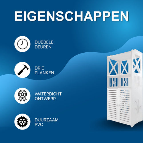 Badkamerkast - Voor Vloerplaatsing - Waterdichte Opbergkast met Dubbele Deuren en 3 Planken - PVC in Wit