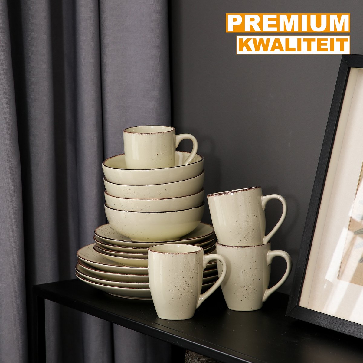 Ziza Serviesset - 16 delig - 4 persoons - Beige - Dinerborden - Bordenset - Diepe borden - Ontbijtborden - Servies