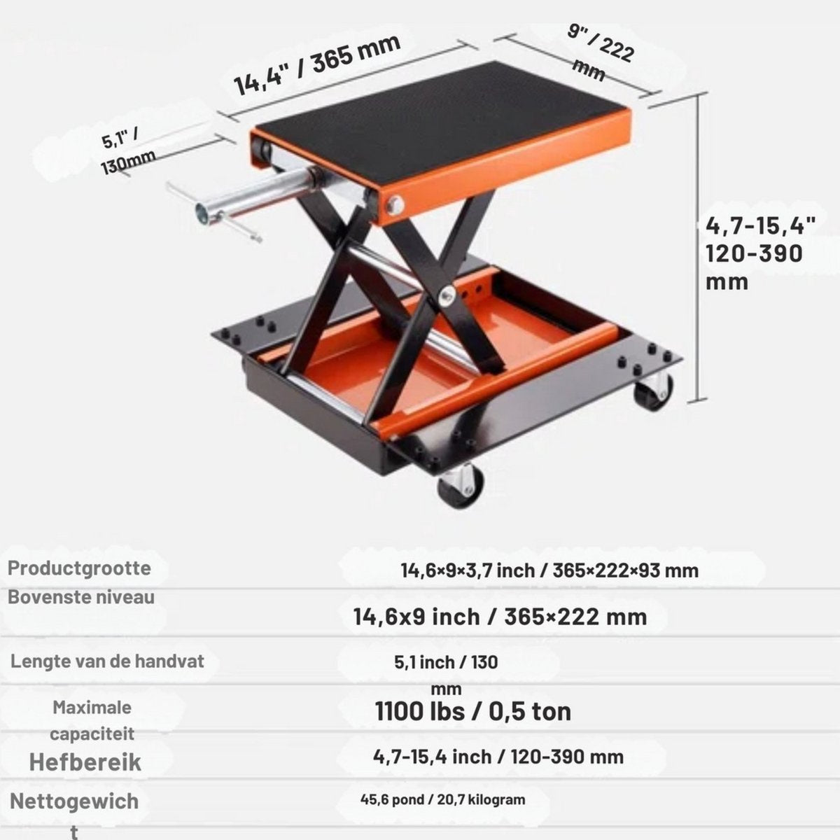 Motorkrik deluxe - Motorlift op wieltjes - Motorfiets - Montagestandaard - Belastbare heftafel - 120-390 mm werkhoogte