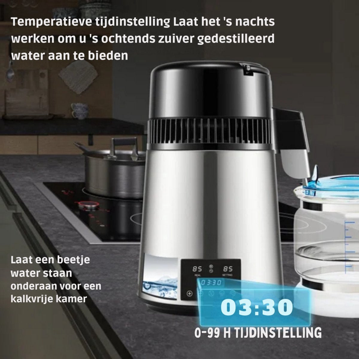 Waterdestilleerder Deluxe - Destilleerapparaat - RVS - Water Destilleren - met 4L Glazen waterkan