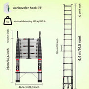 Telescopische Ladder Zyren - 4,4m - Uitschuifbare Multifunctionele Roestvrijstalen Ladder - Draagbare Stevige Zolderladder met EN131-standaard