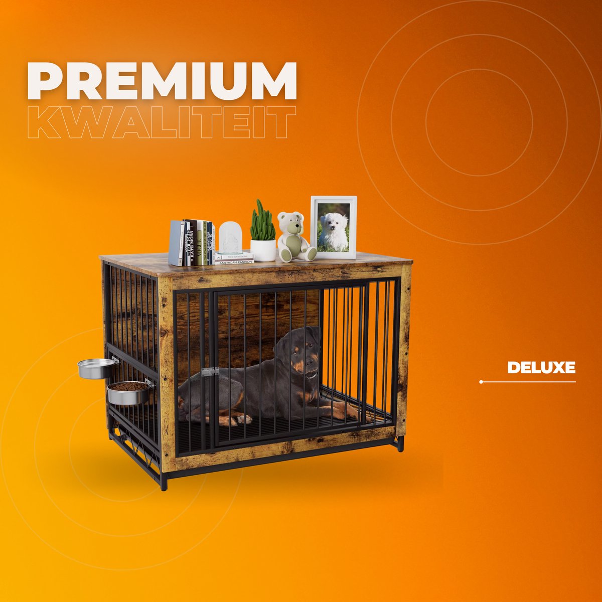 Houten Hondenbenche - Hondenren - Hondenkrat Bijzettafel met Afneembare Kommen en Dienblad - Dubbele Deuren Hondenkennel voor Middelgrote Honden Binnen - 112 x 73 x 78 cm - Bruin
