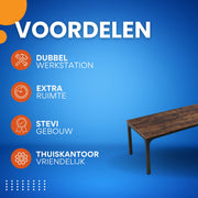 Computerbureau Milano - Voor 2 Personen - 200cm - Bruin - Voor thuis of werk - Hout en metaal