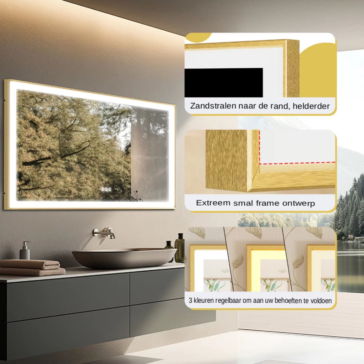 LED Badkamerspiegel met Verlichting - Rechthoek XL 150×80 cm - Goudkleurig Aluminium Frame - Touchbediening - Anticondens Wandspiegel