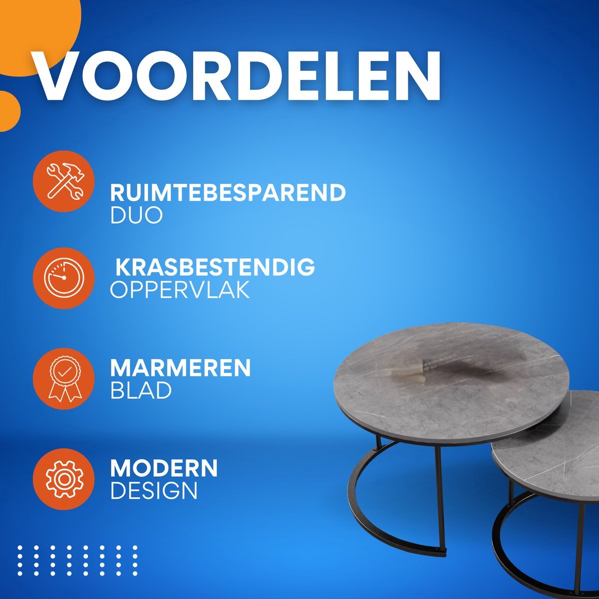 Salontafel Venetia Fioren - Ronde salontafel - Set van 2 - Marmer tafelblad - Bijzettafel woonkamer - Metalen poten - Grijs