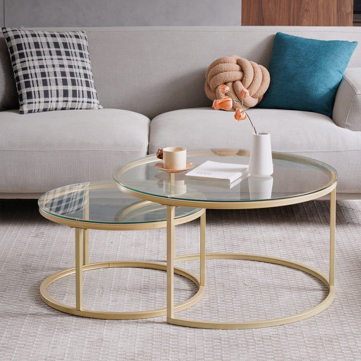 Bolt Edge Salontafel - Set van 2 - Rond - Glas Goud - Landelijk - Woonkamer
