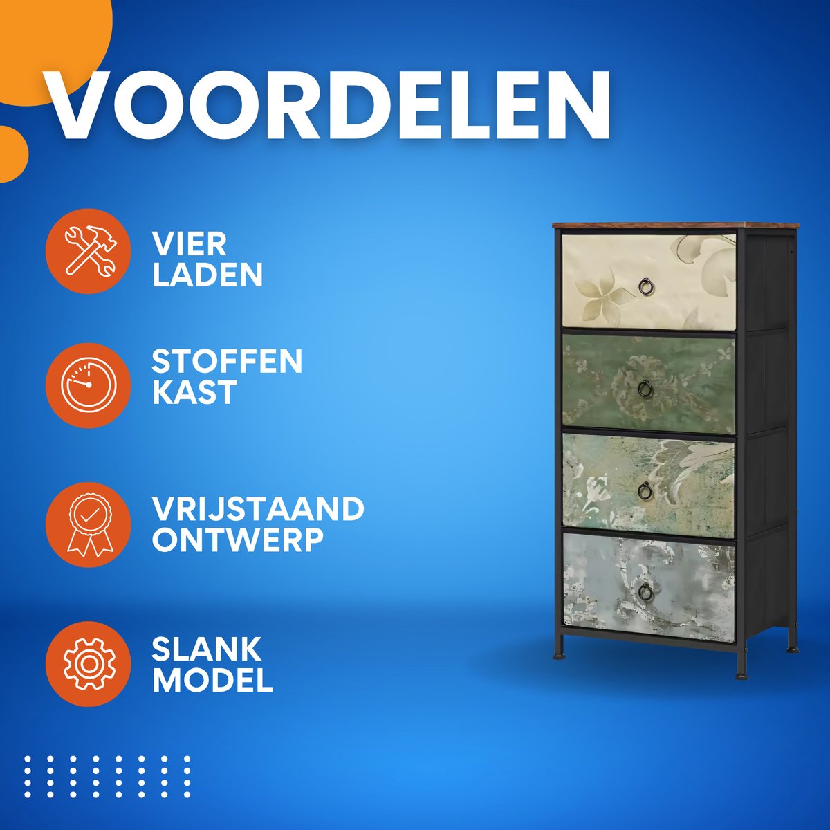 Smalle Zijkast met 4 Laden - Opbergkast - ladekast - Voor Slaapkamer of Woonkamer - Stoffen Opbergkast & Dressoir - Vrijstaande Home Organizer