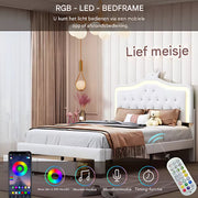 Kinderbed Fioren voor meisjes - 140x200cm - Gestoffeerd bed met 2 lades - LED-verlichting en rugleuning - Lattenbodem - Twijfelaar