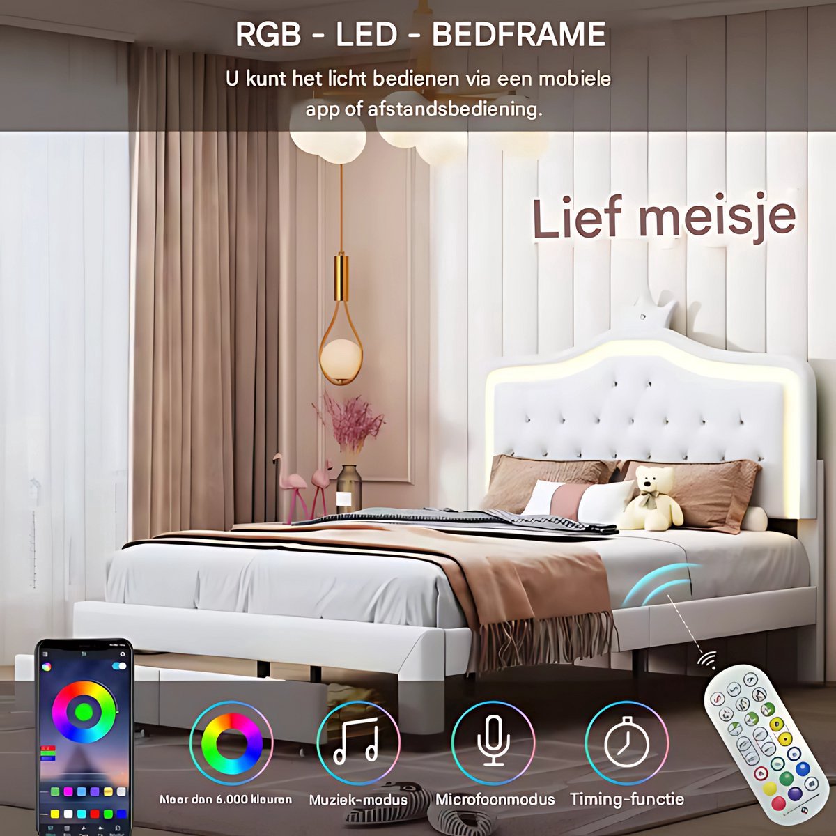 Kinderbed Fioren voor meisjes - 140x200cm - Gestoffeerd bed met 2 lades - LED-verlichting en rugleuning - Lattenbodem - Twijfelaar