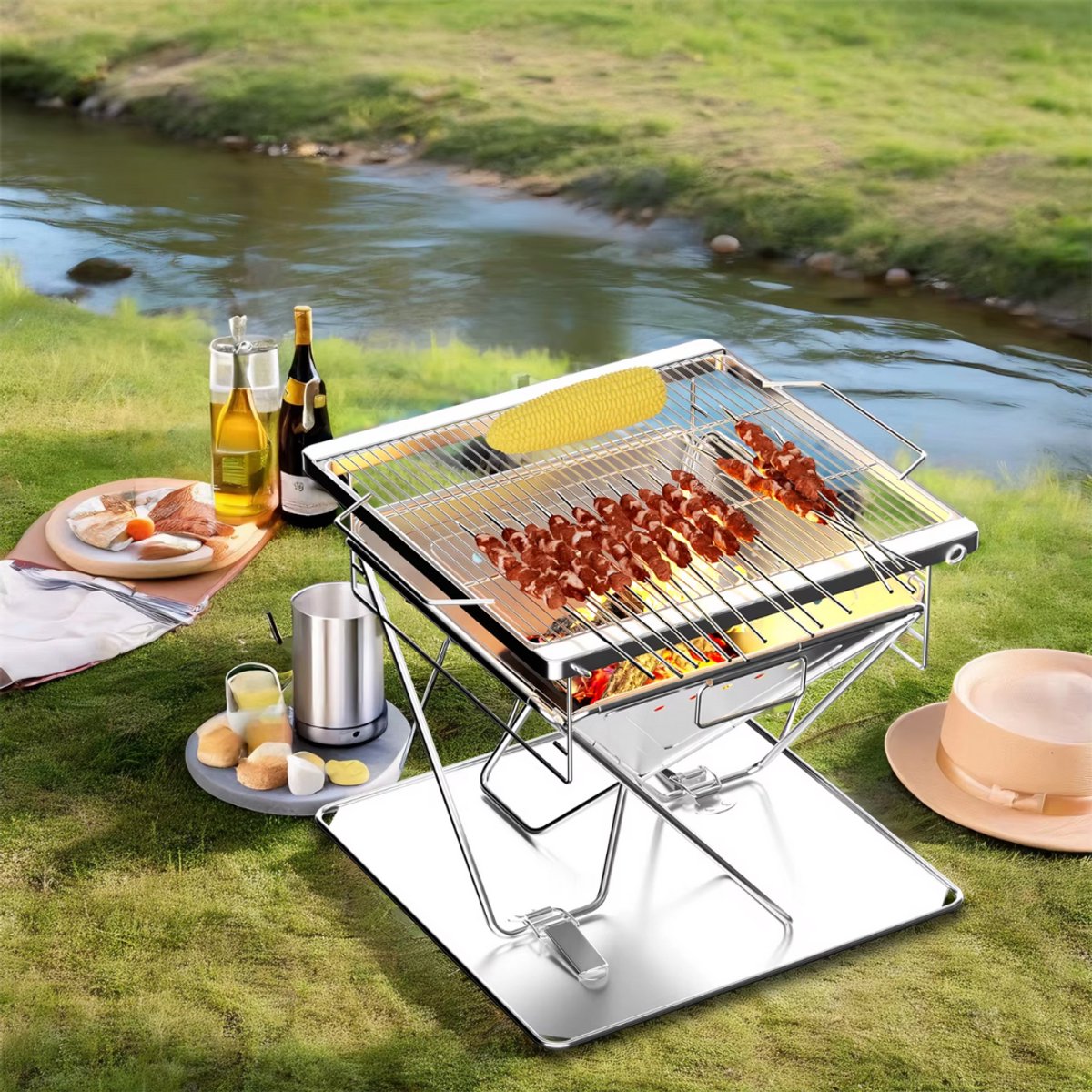 Opvouwbare Grill - Voor Kamperen & Buiten koken - Camping - Vuurplaatsgrill - Houtgestookt & Draagbaar Met Draagtas - RVS