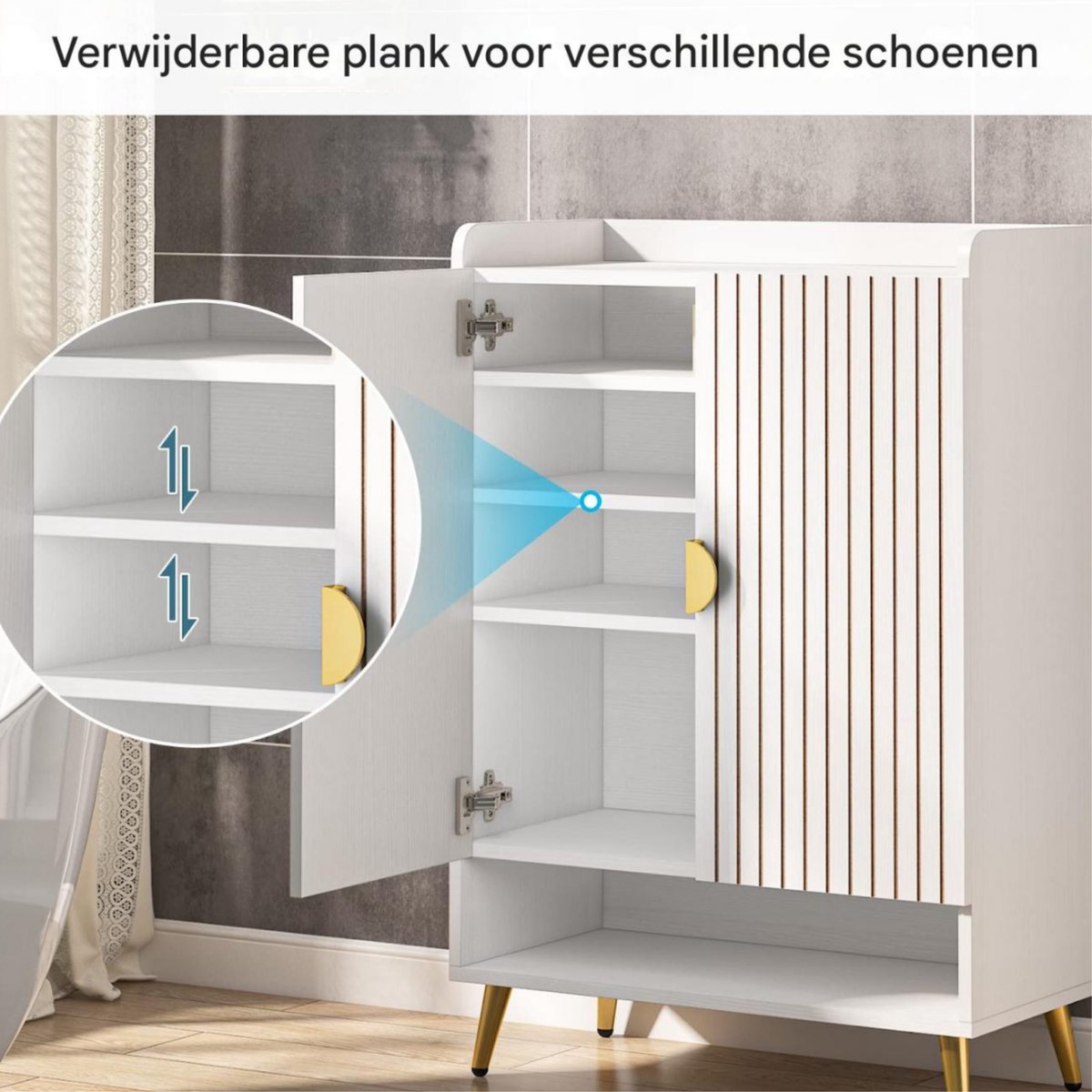 Schoenenkast Nero met deuren - Wit - Schoenenrek - 110cm - 6 laags - Houten opbergkast