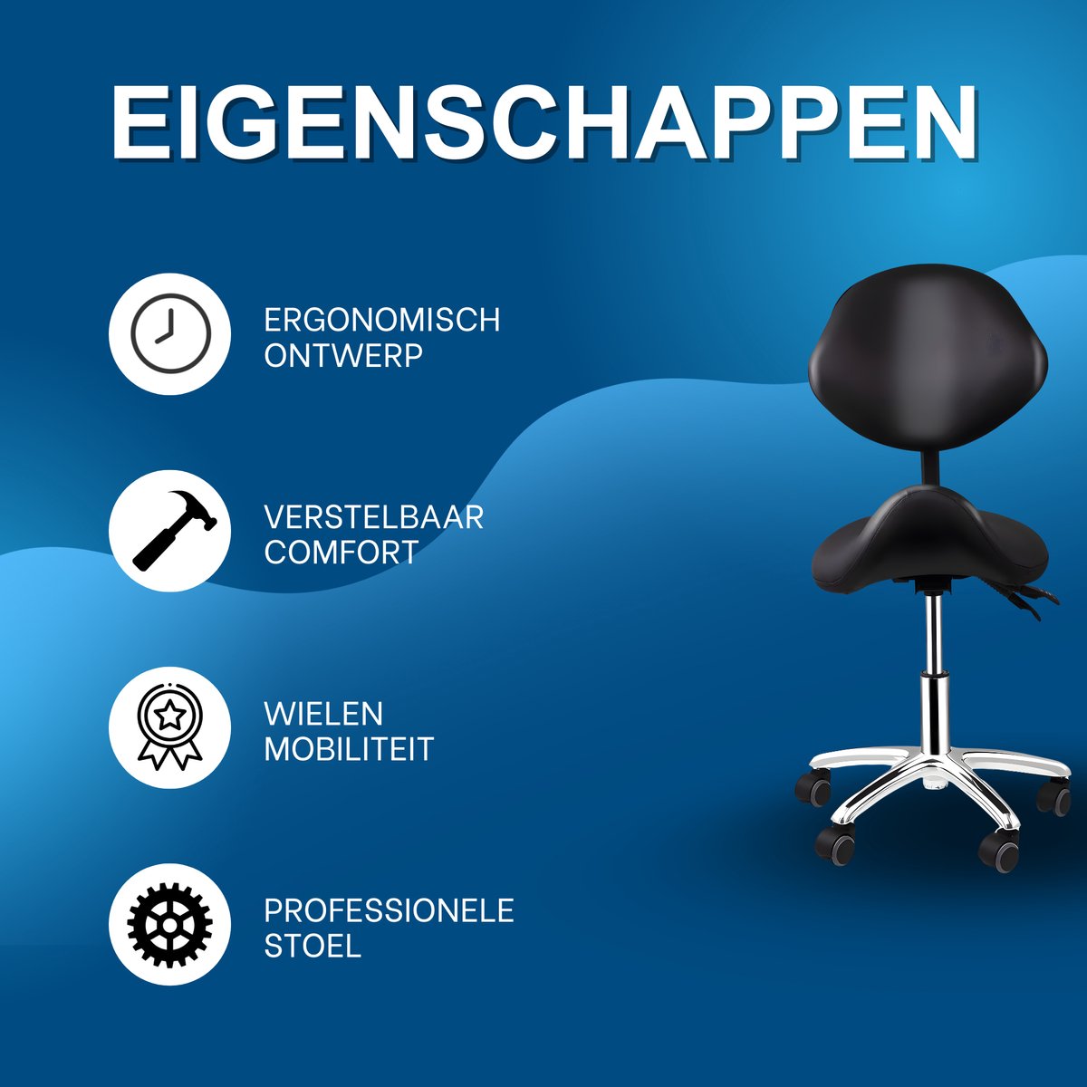 Ergonomische Rollende Zadelstoel - Bureaukruk - Werkkruk - Tabouret - Zadelstoel - met Wielen & Rugleuning - Voor Kapper & Spa - Zwart