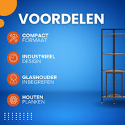 Bar Hoekkast - Wijnrek - 4-laags - Glazenhouder - Opbergrek - Hoekplank - Vakkenkast - Metaal en hout - 40x40x160 cm