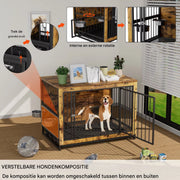 Houten Hondenbenche - Hondenren - Hondenkrat Bijzettafel met Afneembare Kommen en Dienblad - Dubbele Deuren Hondenkennel voor Middelgrote Honden Binnen - 100 x 68 x 64 cm - Bruin