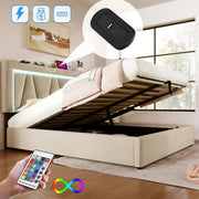 Bed - Tweepersoonsbedden - Tweepersoonsbed - Twijfelaar - Voor Slaapkamer - Met LED-verlichting, USB-C Oplaadfunctie, Lattenbodem & Opbergruimte - Linnen Bekleding - Inclusief Matras - 140x200 cm