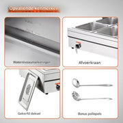 Buffetverwarmer - chafing dish- warmhoudschalen- elektrisch RVS Voedselverwarmer - 1500W - 6x13,2L Buffetbakken - Incl. Deksels & Aftapkraan