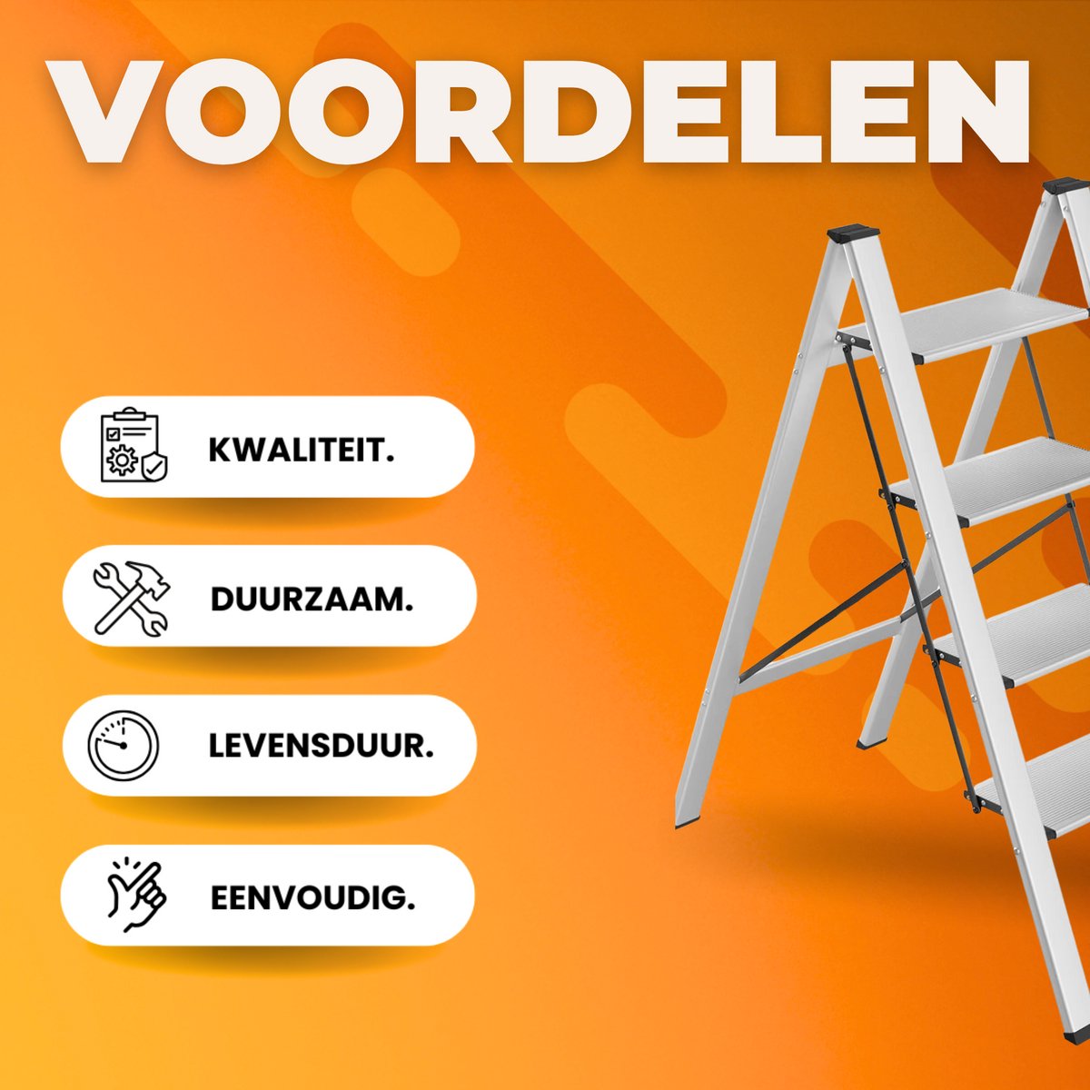 Huishoudtrap - Keukentrap - 4 treden - Ladder Aluminium - Opstapkruk met anitslip - Lichtgewicht - 150KG Belastbaar - Zilver