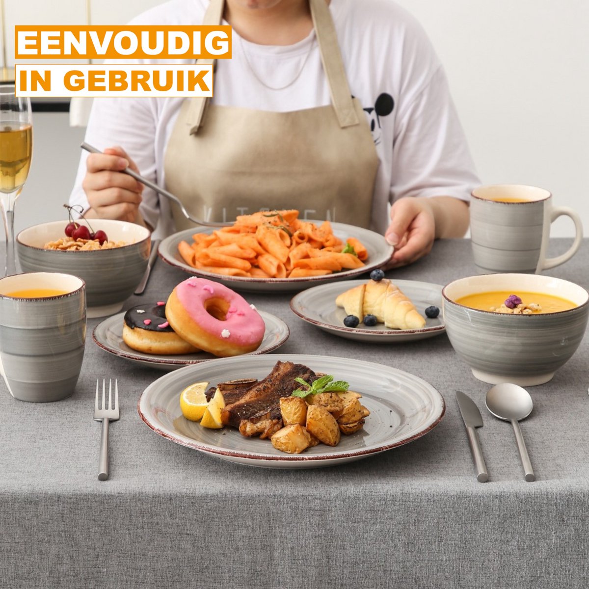 Lorentino Serviesset - 16 delig - 4 persoons - Grijs - Dinerborden - Bordenset - Diepe borden - Ontbijtborden - Servies - Keukenservies