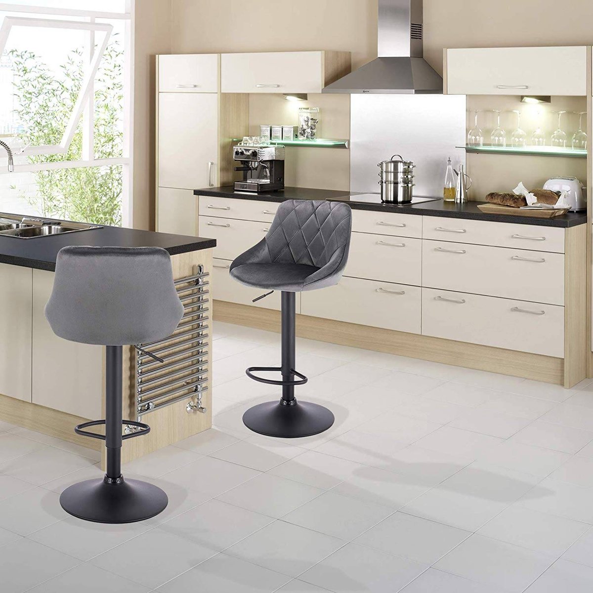 Designer Barkruk Zino - Met rugleuning - Stevig - Ergonomische barstoel - Velvet - Zithoogte 60 - 82cm - Grijs - Set van 2 - Keuken en bar - In hoogte verstelbaar