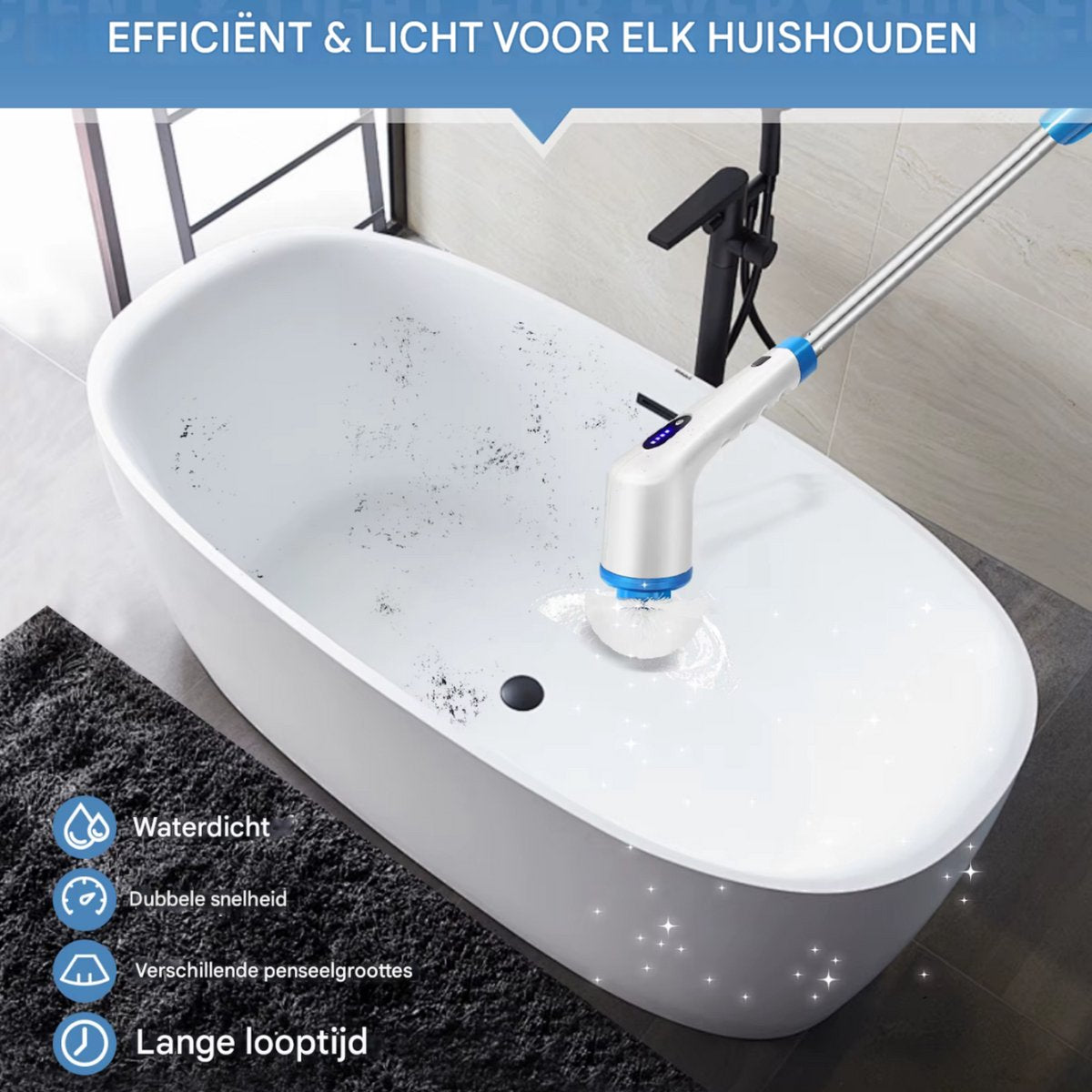 Elektrische Spin Scrubber Tavien - 10-in-1 - Draadloze Oplaadbare Reinigingsborstel met Verstelbare Handgreep voor Douche & Thuisgebruik