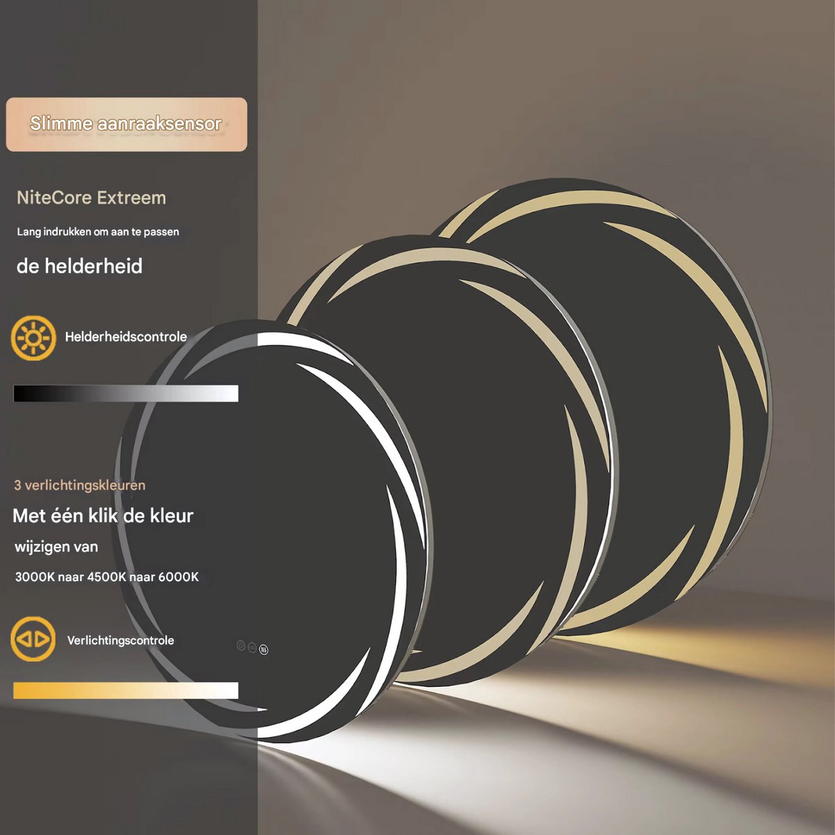 Ronde Badkamerspiegel Nero - Met verlichting - 80cm - Voor Badkamer, Make-up & Wandmontage - Dimbaar licht