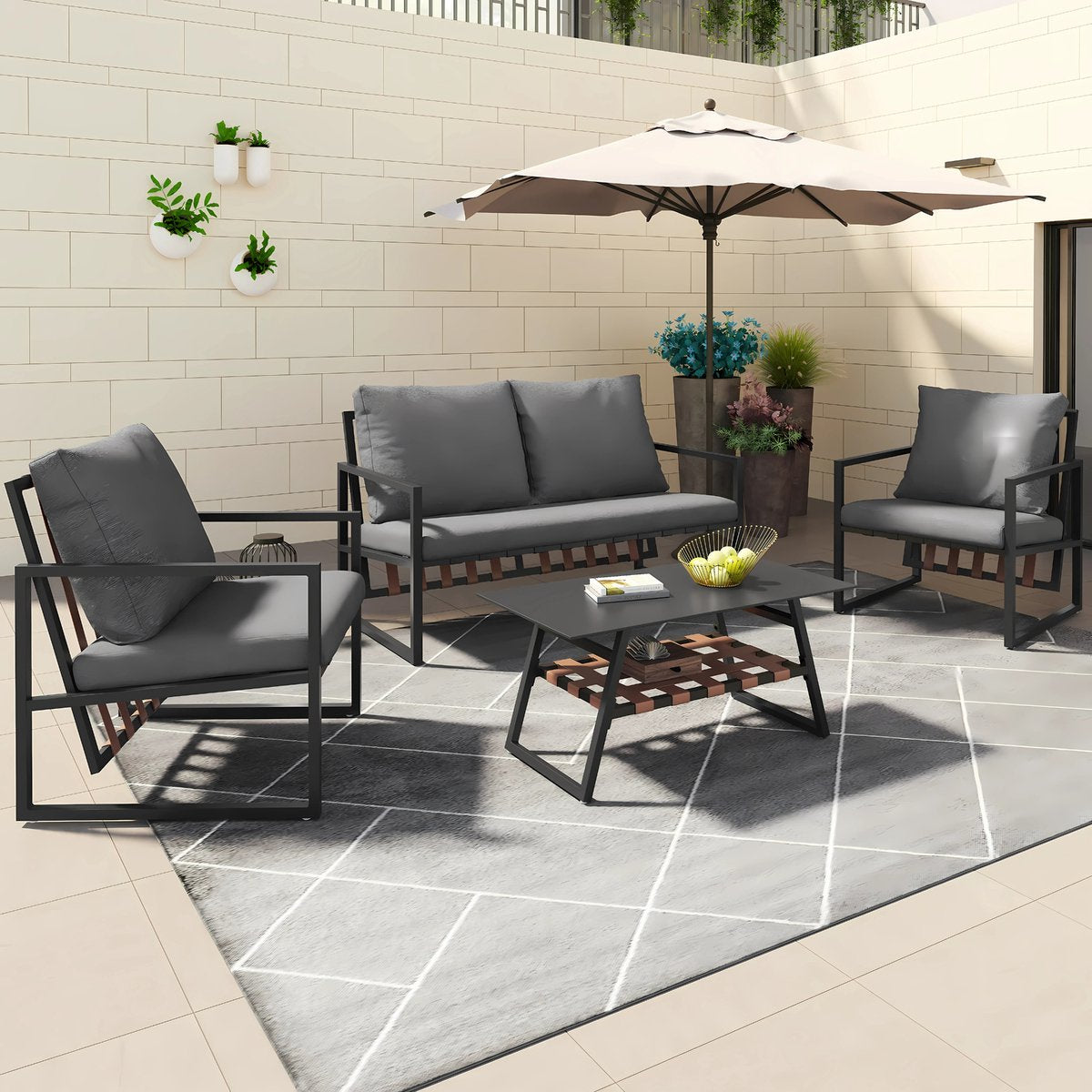 4-delig Tuin Loungeset - Tuinmeubelset - Voor Buitenruimte - Comfortabele Sofa met Tafel & Kussens - Zwart met Afneembare Hoezen