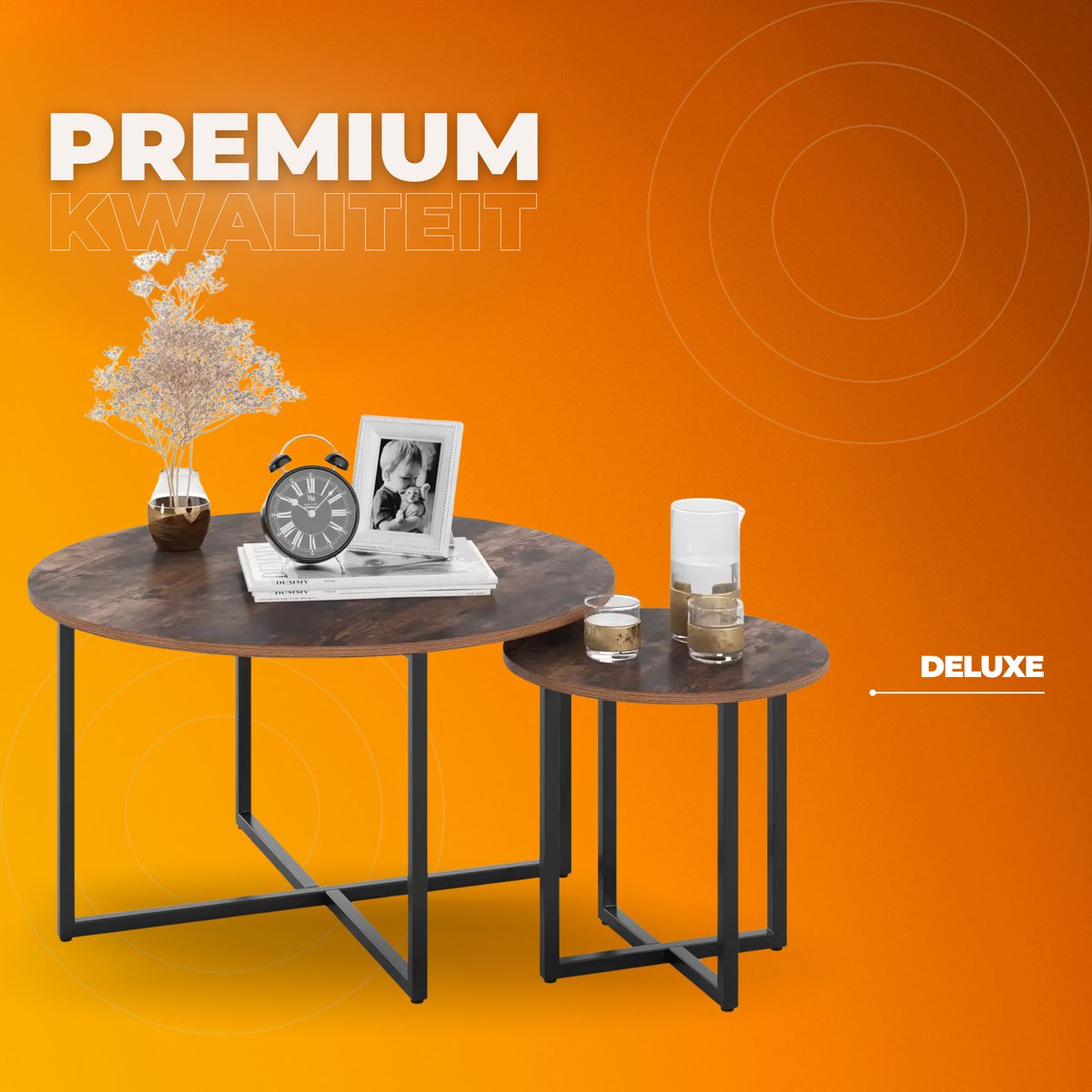 Salontafel - Bijzettafels - 2 stuks - Voor Woonkamer - Vintage Bijzettafel van Hout met Metalen Poten - Middentafel 80cm x 42cm - Bruin