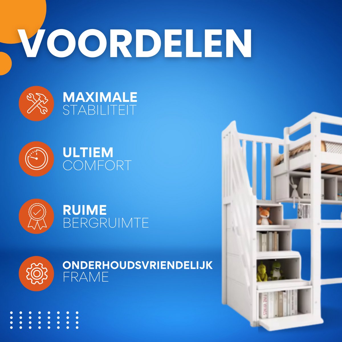 Luxe hoogslaper voor kinderen - 90x200 cm - Met bureau - Kinderbed - stapelbed - Met Hoektrap, valbeveiliging en raam - Peuterbed