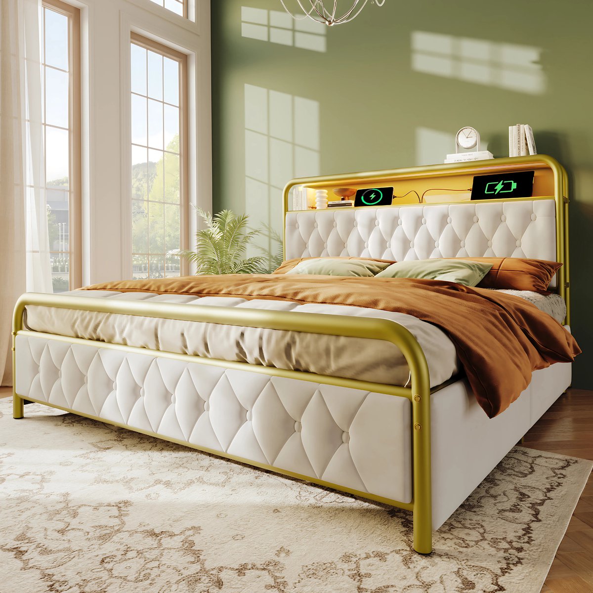 Bed - Tweepersoonsbedden - Tweepersoonsbed - Voor Slaapkamer - Met USB-C Oplaadfunctie, LED-verlichting & App-bediening - Metalen Bedframe met 4 Laden - Fluwelen Bekleding - 160x200cm