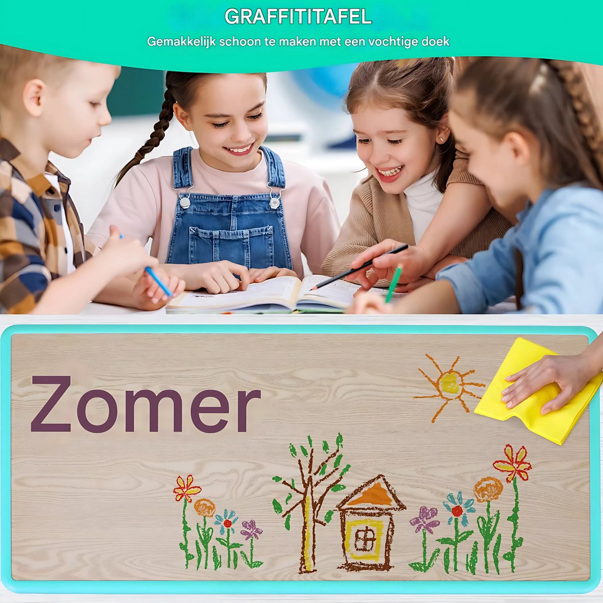 Kindertafel en 4 Stoelenset - Voor Peuters en Jonge Kinderen - Verstelbare Tafelset voor Spelen, Studeren & Tekenen - Duurzaam Kunststof in Neutrale Kleuren - Groen - 120x60cm