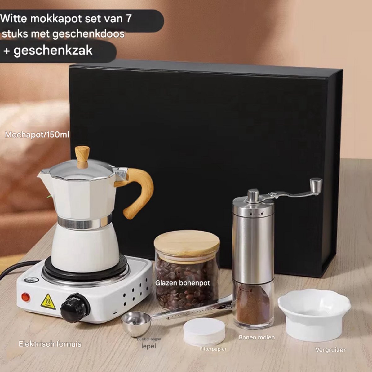 Espresso Tavien - koffiemaker - Wit - Percolator - Moka pot - Met Koffiemolen - Camping en thuisgebruik