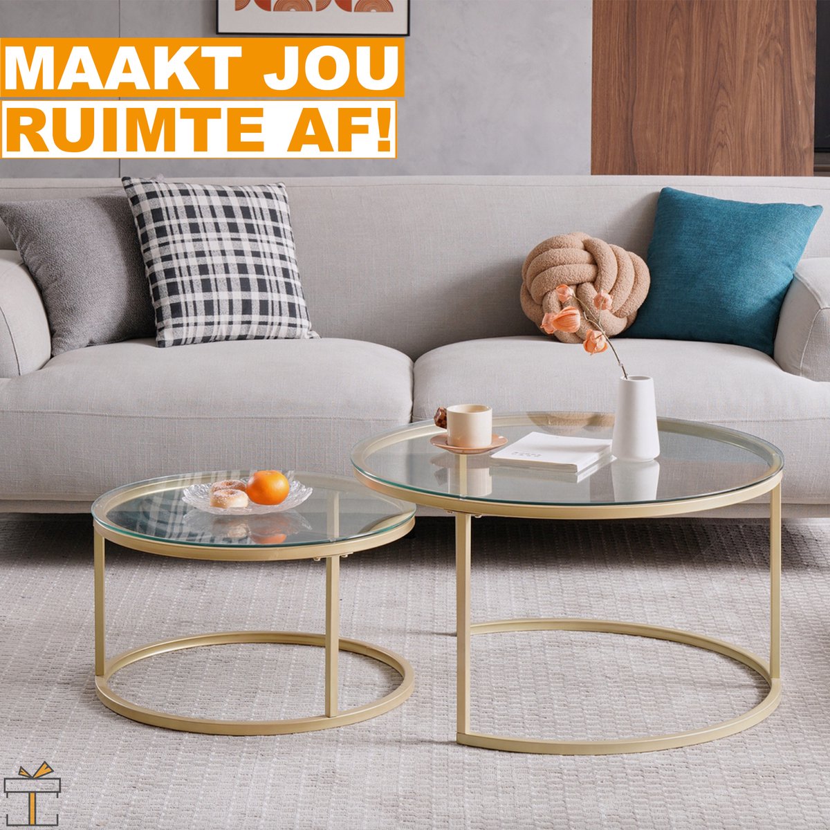 Happyment Salontafel modern - Set van 2 - Landelijk - Woonkamer - Rond - Goud - 60 en 40cm