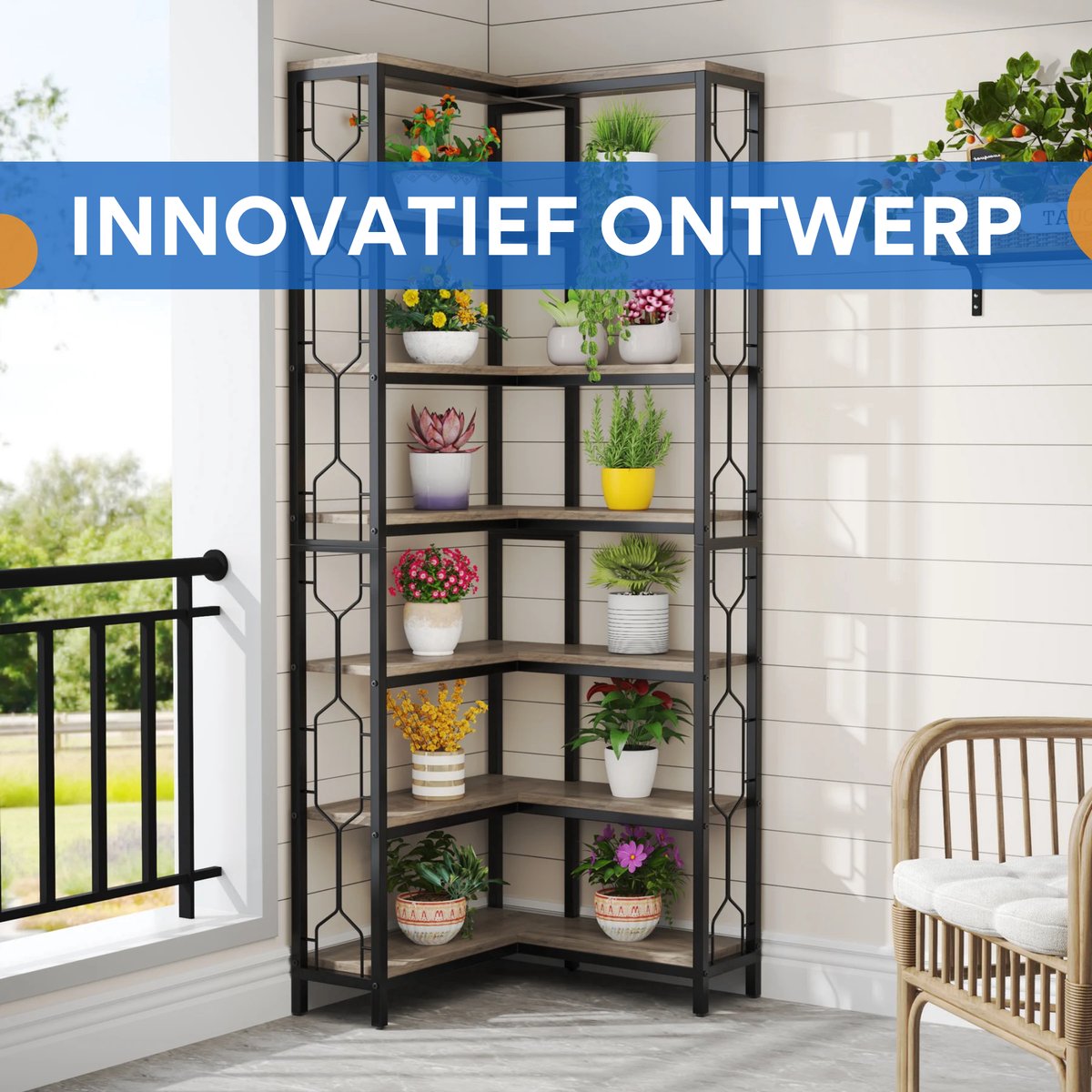 Hoek boekenkast met 7 Lagen - Hoekkast - Grijs - Hoekrek - Voor Woonkamer, Slaapkamer of Kantoor