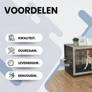 Houten Hondenbenche - Hondenren - Hondenkrat Bijzettafel met Afneembare Kommen en Dienblad - Dubbele Deuren Hondenkennel voor Middelgrote Honden Binnen - 100 x 68 x 64 cm - Grijs