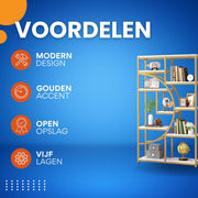 Boekenkast Berlin - Goud - Met 5 Lagen - Marmerlook - Voor Woonkamer, Slaapkamer of Kantoor