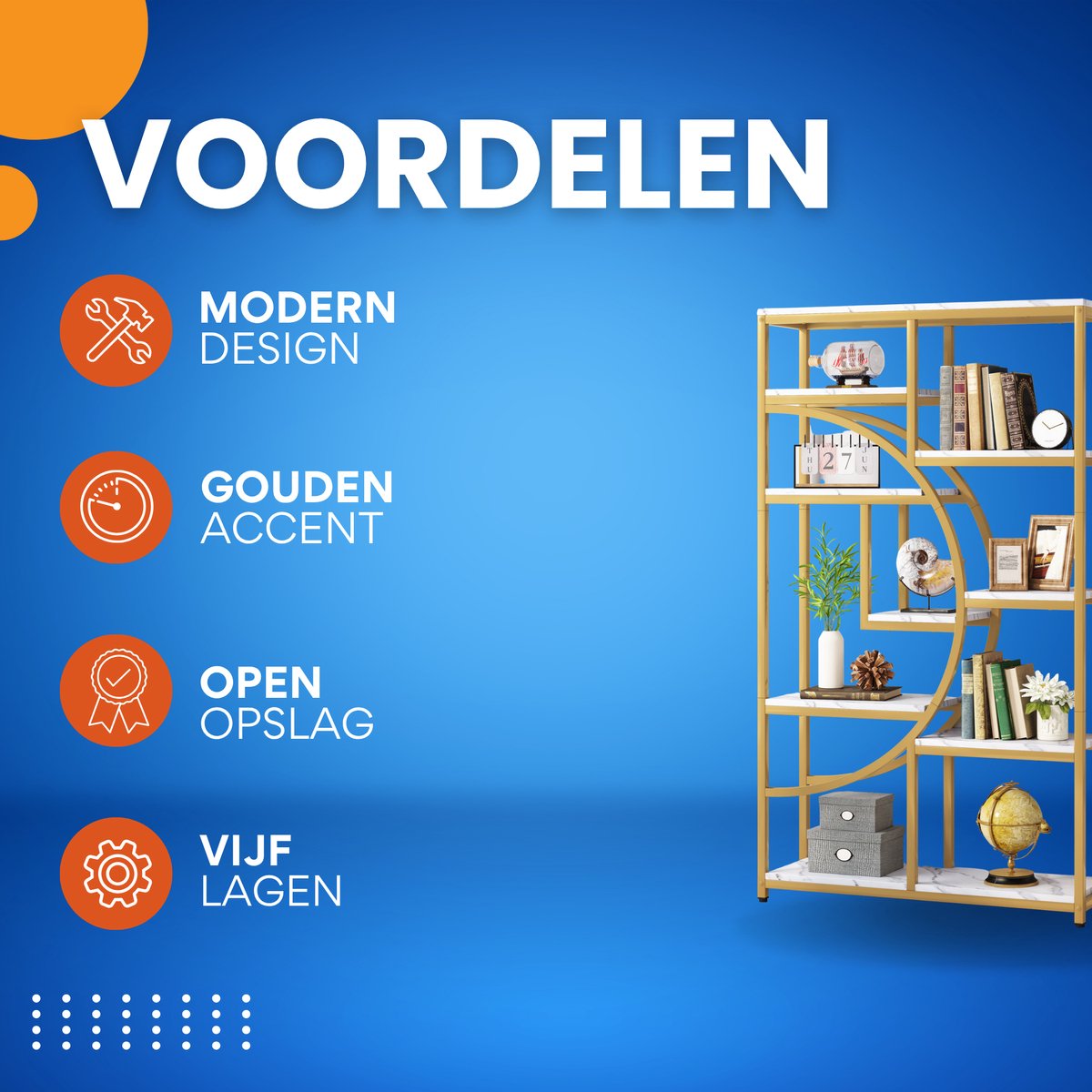 Boekenkast Berlin - Goud - Met 5 Lagen - Marmerlook - Voor Woonkamer, Slaapkamer of Kantoor