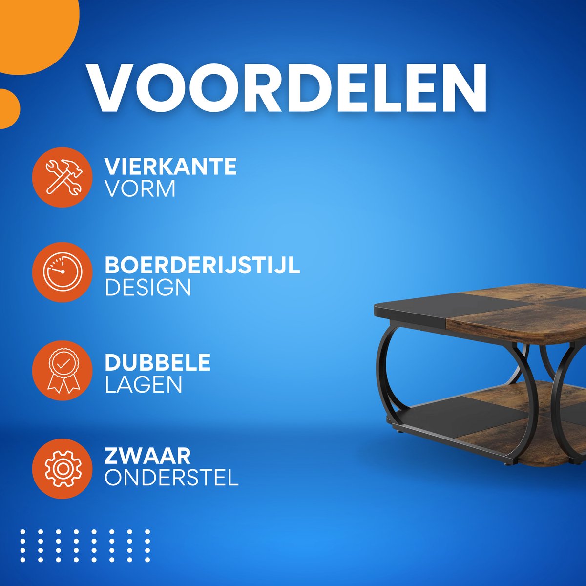 Salontafel Franciso - Koffietafel - Vierkant - 100cm - Retro - Opbergplank - Massief metalen onderstel