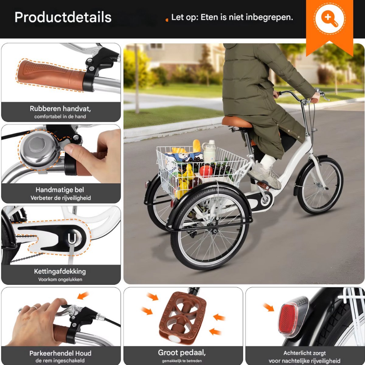 Opulence Driewieler - 6 versnellingen - Fiets voor volwassenen en senioren - 20 Inch - Verstelbaar - Met mand - Voorrem - Wit - 120KG