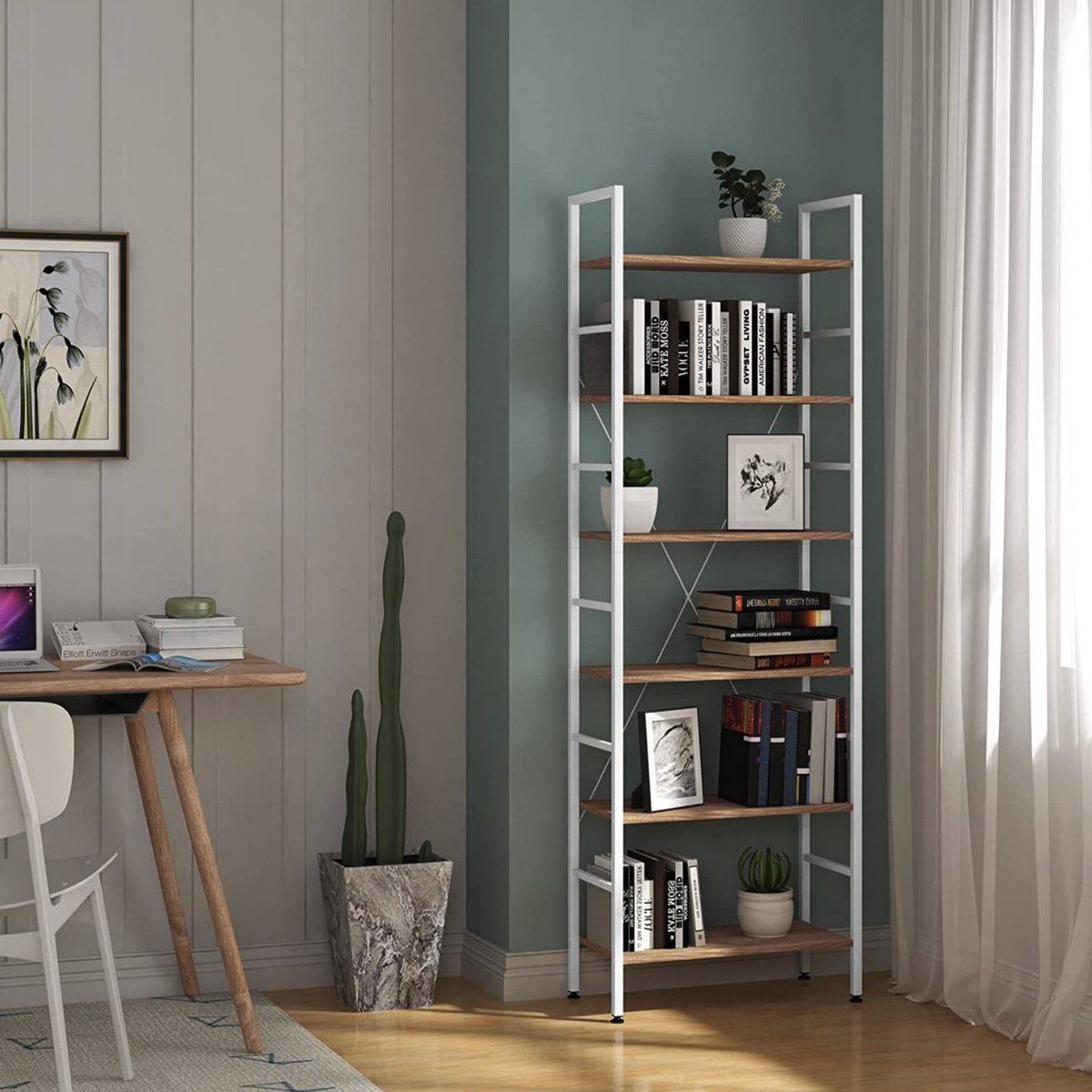 Happyment Boekenkast Larry - Industrieel - 6 Lagen - Wit/Oak - Boekenrek - Woonkamer, slaapkamer en kinderkamer - Hout/Metaal - 60x28x180cm