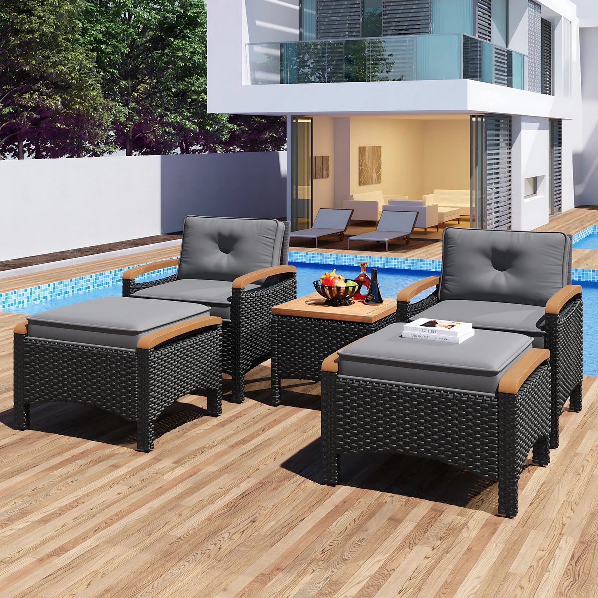 5-delig Tuinmeubelset - Loungeset - Tuinlounge -Voor Balkon of Terras - Acacia Hout & Rotan Metalen Frame - Waterdichte Grijze Kussens