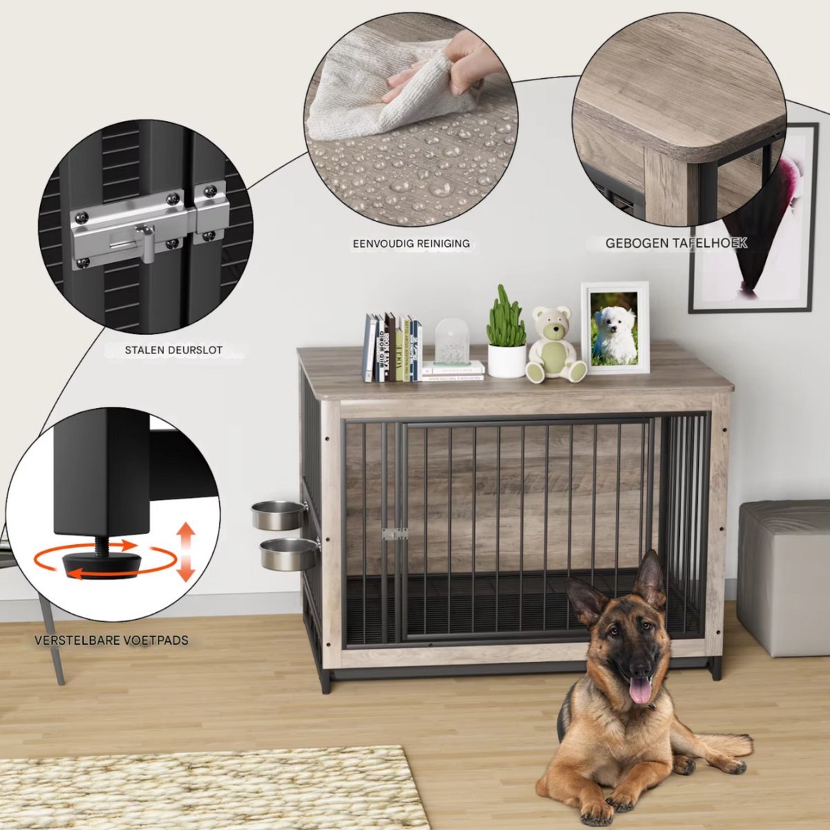 Houten Hondenbenche Zyrell - Hondenren - Hondenkrat Bijzettafel met Afneembare Kommen en Dienblad - Dubbele Deuren Hondenkennel voor Middelgrote Honden Binnen - 99 x 63 x 75 cm - Wit
