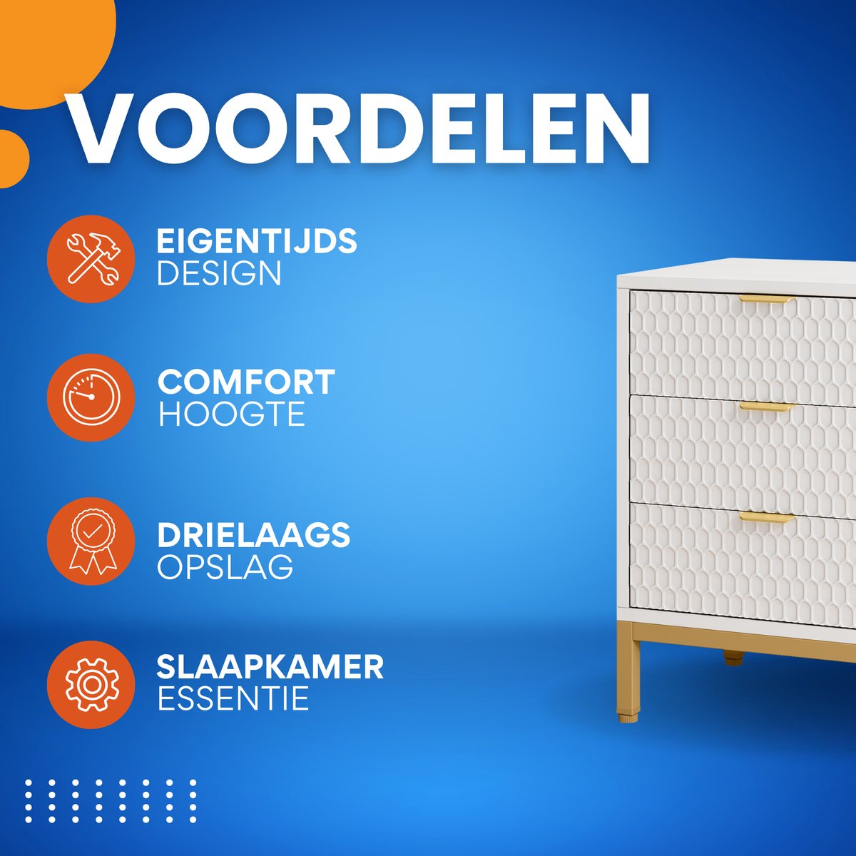 Modern nachtkastje - Voor Slaapkamer - 65cm hoog - 3 lades - Wit