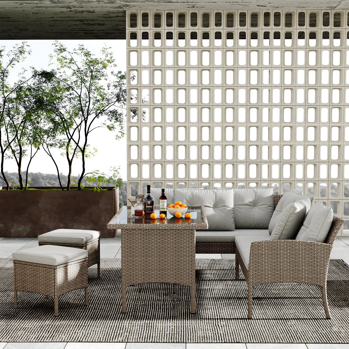 Tuinmeubelset - Loungeset - Tuinlounge - Lounge Set voor 7 Personen - Inclusief Sofa, Tafel, Kruk en Wasbare Kussens