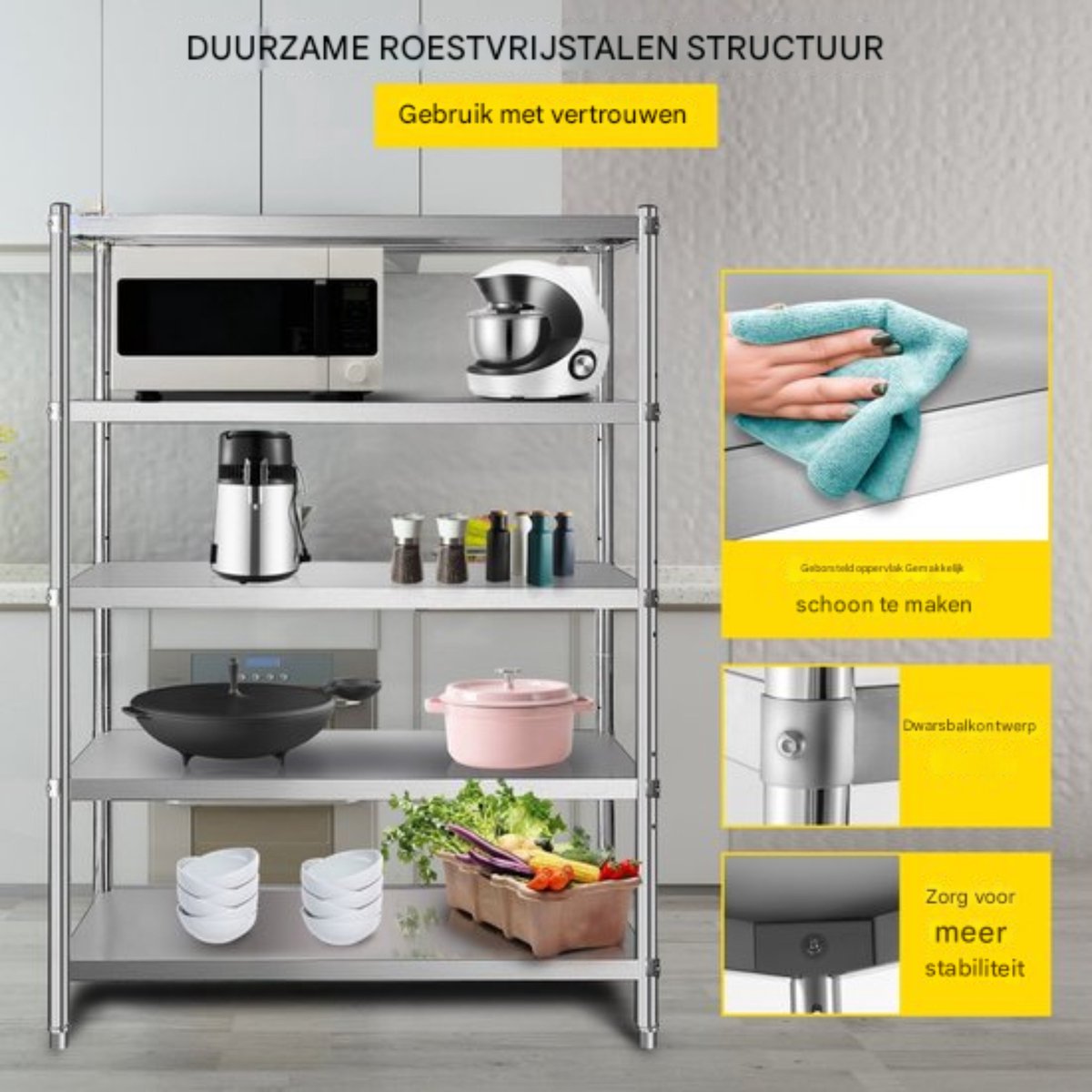 Opbergplank - 5-laagse - RVS - 150kg Draagkracht - Opbergrek - Verstelbare Hoogte