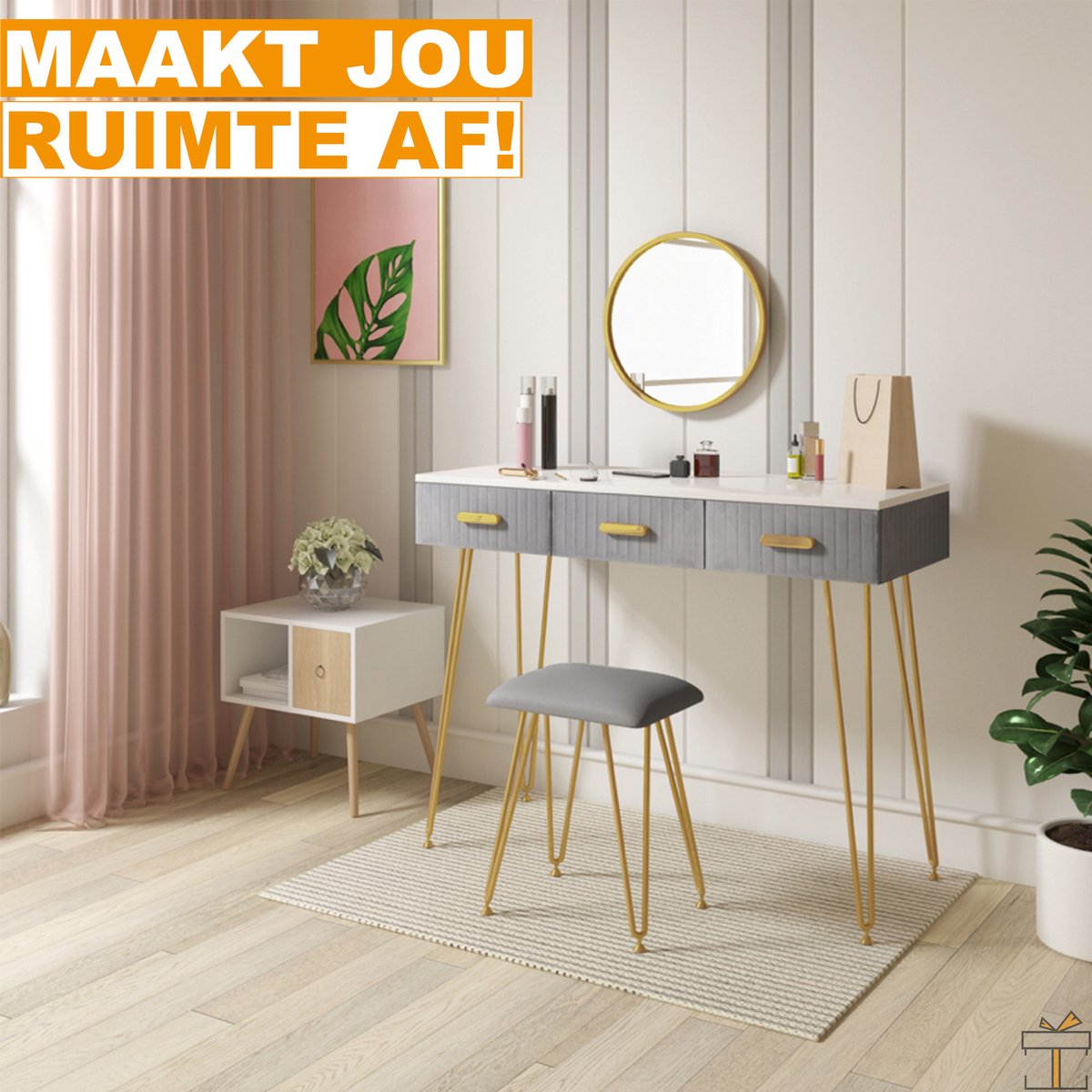 Happyment Kaptafel Deluxe - Inclusief spiegel en krukje - Grijs - Kinderen & volwassenen - Make up tafel voor meisjes - Black friday - Kerstcadeau
