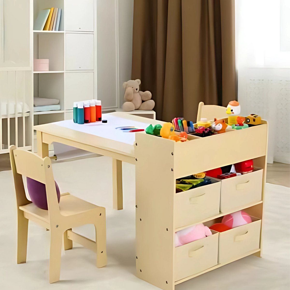 Kunsttafel en Stoelenset voor Kinderen - Houten Knutseltafel met 2 Stoelen, Opbergplanken, Canvas Bakken en Papierrol - Speeltafel voor Kinderkamer - Houtlook
