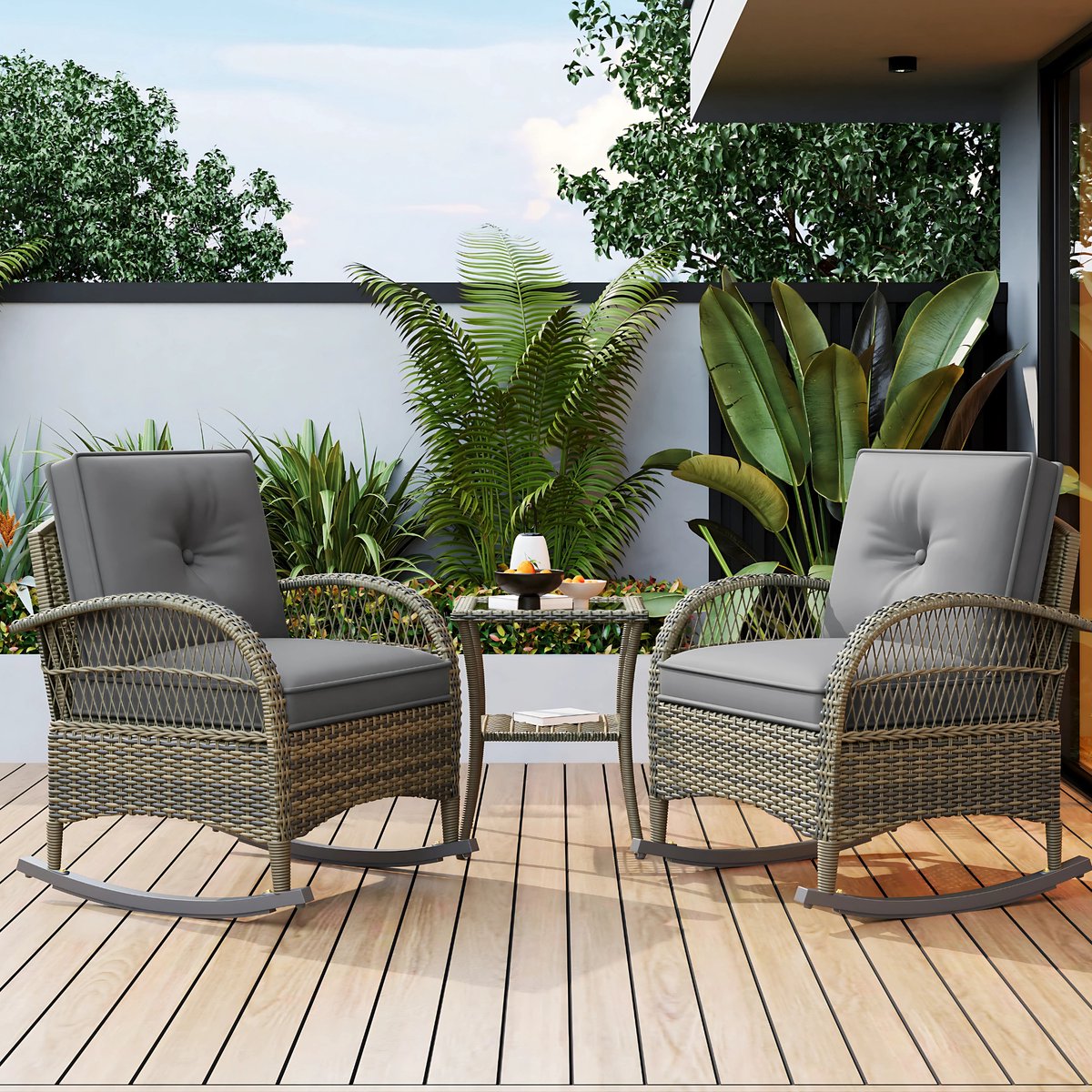 3-delig Tuinmeubelset - Loungeset - Tuinlounge Lounge Set - Lounge Set - Balkonset - Voor Balkon, Tuin of Terras - Rotan & Metalen Frame met Acaciaplaat - Waterdichte Bekleding & Grijze Kussens - 160 kg Draagvermogen