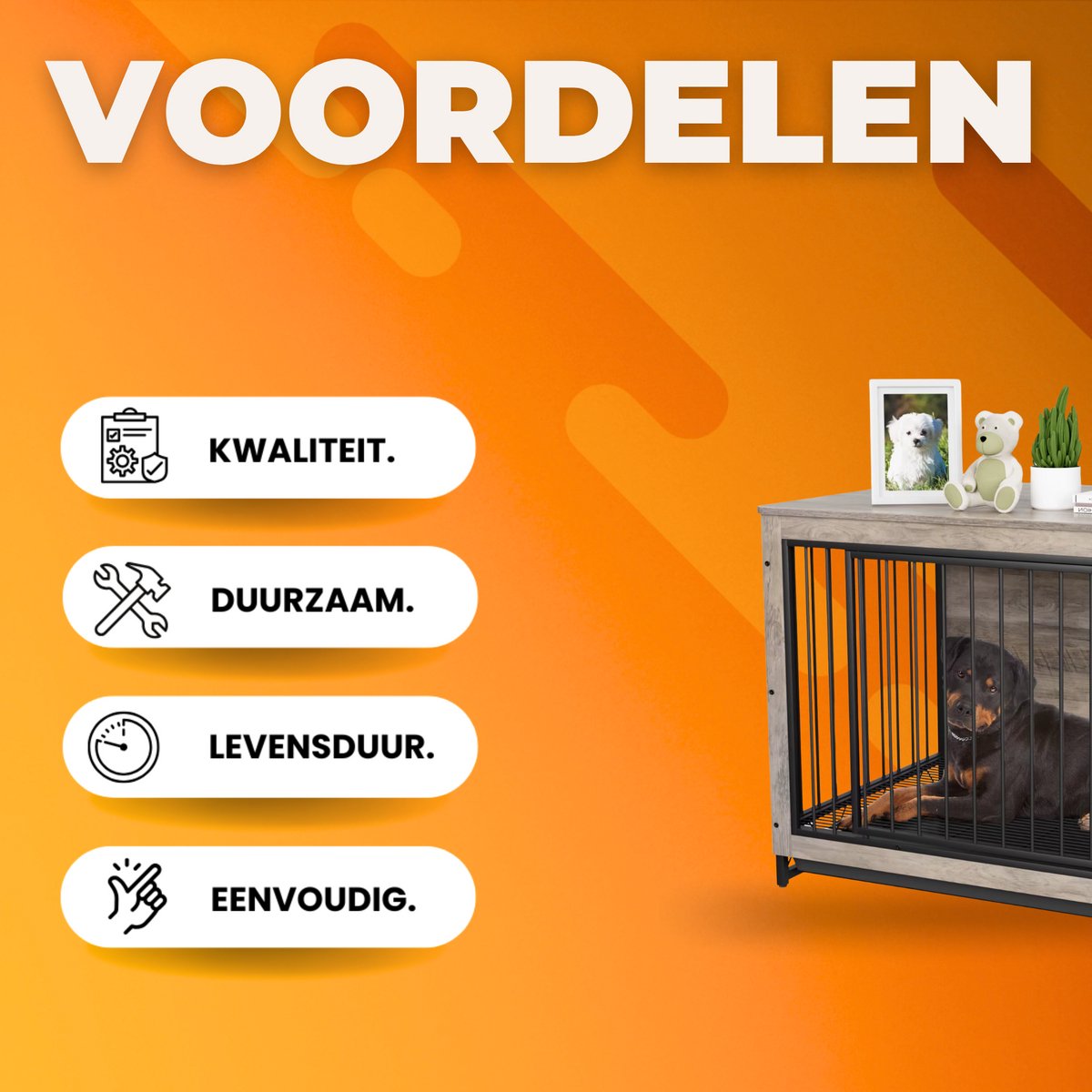 Houten Hondenbenche - Hondenren - Hondenkrat Bijzettafel met Afneembare Kommen en Dienblad - Dubbele Deuren Hondenkennel voor Middelgrote Honden Binnen - 99 x 63 x 75 cm - Grijs