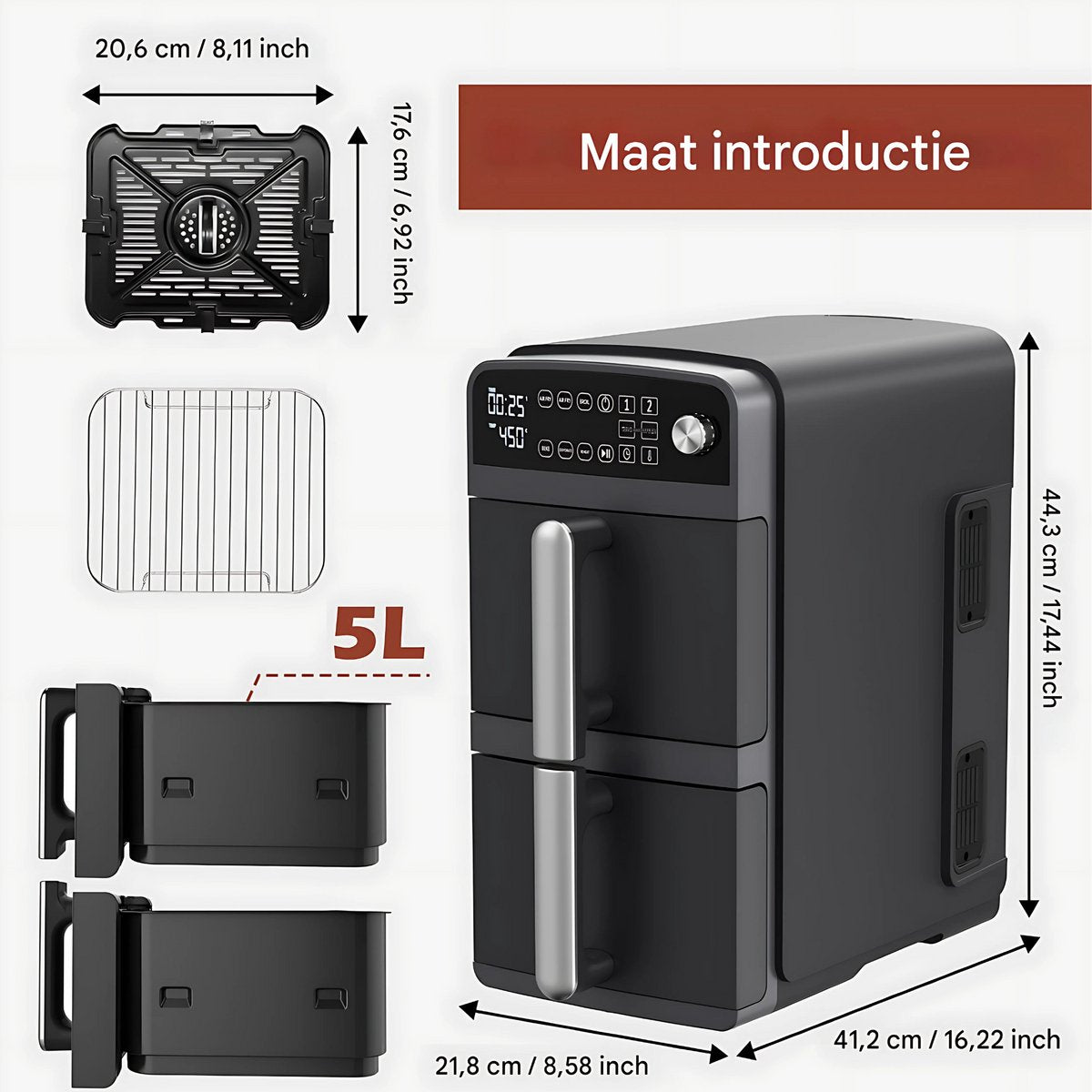 Mini oven - Grill rooster - Bakplaat - Airfryer - Voor Gezond en Snel Koken - Met 11 Programma’s - 1800W, LED-scherm, 5 Accessoires Inclusief Draaispit & Receptenboek